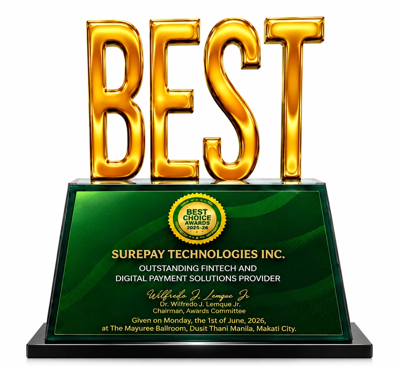 Green and gold Best Choice Awards 2025–26 trophy presented to Surepay Technologies Inc. as Outstanding Fintech and Digital Payment Solutions Provider