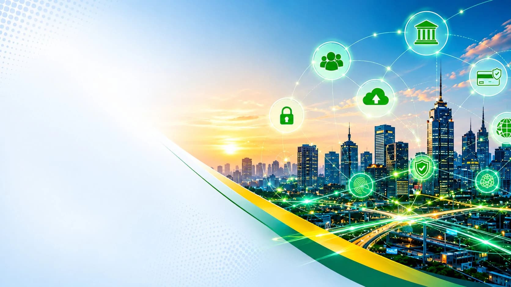 Connected city skyline with secure digital payment icons
