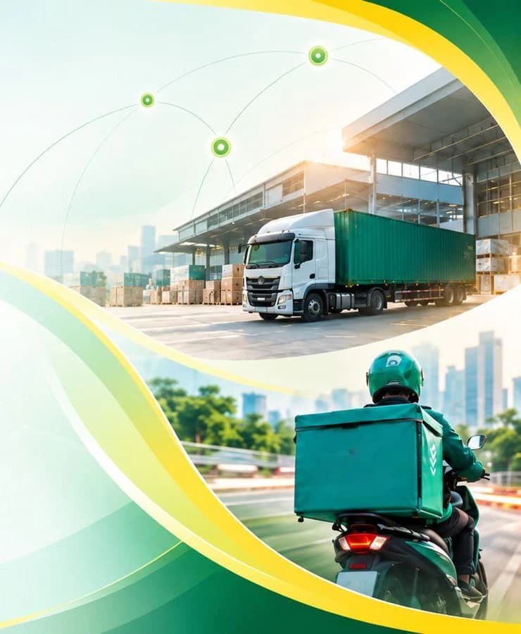 Cargo truck at a warehouse and a delivery rider