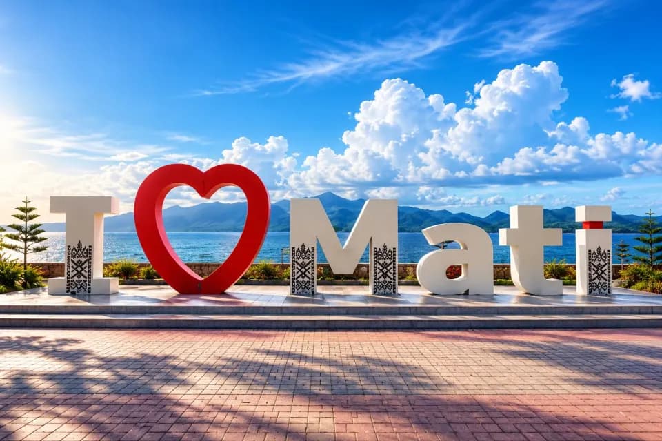 The “I ♥ Mati” landmark on the bay