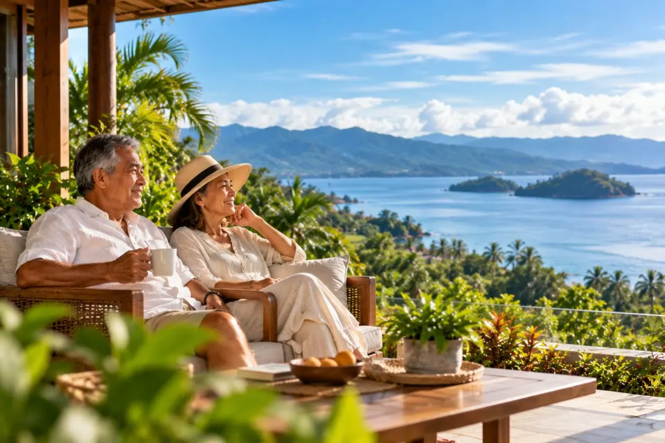 Retirees relaxing on a terrace overlooking the sea