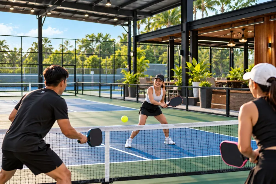 Pickleball doubles game on an outdoor court